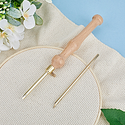 Wood Handle Brass Punch Embroidery Needle Pen & Easy Automatic Threader Set&nbsp;DIY-WH0453-88B