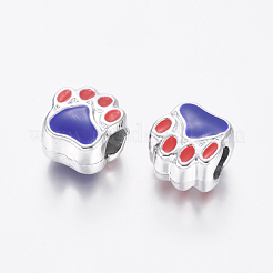 合金エナメルヨーロピアンビーズ  大穴ビーズ  犬の足跡  銀色のメッキ  ブルー  11x10x7mm  穴：4.5mm&nbsp;ENAM-J061-18S-AAA