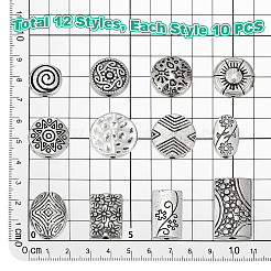 120個12スタイルチベットスタイルアロイビーズ  混合図形  アンティークシルバー  8~15.5x3~9mm  10個/スタイル&nbsp;FIND-PH0061-65