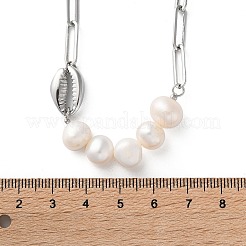 304 Stainless Steel Shell & Natural Pearl Beads Paperclip Chain Necklaces for Women&nbsp;NJEW-A045-17P