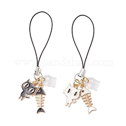 2Pcs Alloy Enamel Cat & Fishbone Charm Mobile Straps&nbsp;HJEW-JM03344