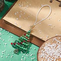クリスマスガラスシードビーズペンダント装飾  編組ナイロン糸吊り飾り  クリスマスツリー  128mm&nbsp;HJEW-TA00013-01