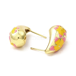 Teardrop with Flower Real 18K Gold Plated Brass Enamel Stud Earrings&nbsp;EJEW-L270-013G-03