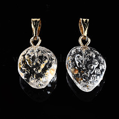 透明スプレー塗装ガラスペンダント  金メッキの鉄のベイルと金箔で  苺  透明  17~18x11~12x10mm  穴：6x2mm&nbsp;X-GLAA-N035-014-B01