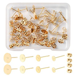 40個 4サイズ 304ステンレススチールスタッドピアス金具  フラットラウンドイヤリングのセッティング  40個のイヤーナット付き  ゴールドカラー  4~8x0.3mm  ピン：0.7mm  10pcs /サイズ&nbsp;STAS-YW0001-55