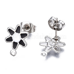 304ステンレススチールエナメルスタッドピアス金具  ピアスキャッチとカン付き  花  ブラック  12.5x9mm  穴：1mm  ピン：0.8mm&nbsp;STAS-T052-43P-02