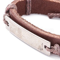 男性女性用レザーコードブレスレット  インスピレーションを与える言葉の長方形のリンク編組調節可能なブレスレット  サドルブラウン  内径：2-1/4~3-3/4インチ（5.6~9.5cm）&nbsp;BJEW-C005-01B