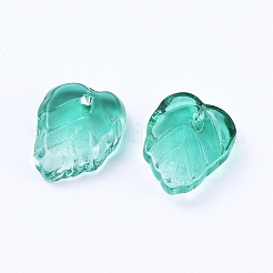 ツートンの透明ガラスチャーム  葉  シアン  13.5x10.5x3.5mm  穴：1.2mm&nbsp;GLAA-H016-15Y