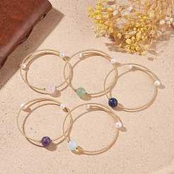Natural Pearl & Gemstone Round Beaded Wrap Cuff Bangle&nbsp;BJEW-JB07923