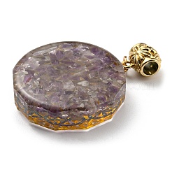天然アメジストヨーロピアンダングルポリゴンチャーム  金メッキ合金の花のスライスが付いた大きな穴のペンダント  53mm  穴：5mm  ペンダント：39x35x11mm&nbsp;PALLOY-K012-01E-01