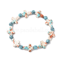 Baking Paint Synthetic Turquoise Cross & Round Beads Stretch Bracelets for Men Women&nbsp;BJEW-JB12341-01