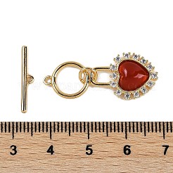 天然カーネリアンのトグル留め具  カドミウムフリー＆ニッケルフリー＆鉛フリー  真鍮製マイクロペーブクリアキュービックジルコニア  ハート  18KGP本金メッキ  34mm&nbsp;KK-P283-39G