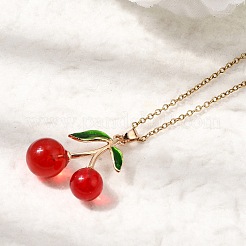 Brass Enamel & Resin Red Cherry Pendant 304 Stainless Steel Cable Chain Necklaces for Women&nbsp;NJEW-H092-01G