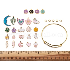 DIYのかわいいチャームバングル作成キット  鉄製の拡張可能なバングル作りと丸カンを含む  アルファベット & 花 & ハート & 羊 & 月合金エナメル ペンダント  ゴールデン＆ライトゴールド  2-1/2インチ（65mm）&nbsp;DIY-FS0003-60