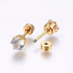 304ステンレススチール製耳たぶプラグ  スクリューバックイヤリング  ガラスラインストーン付き  クリスタル  ゴールドカラー  5mm  ピン：1mm  12のペア/袋&nbsp;EJEW-H362-07G-5mm
