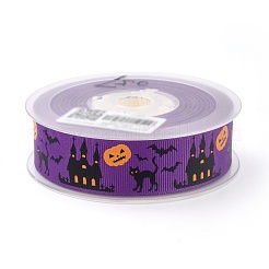 ポリエステルグログランリボン  片面印刷  ハロウィンギフトラッピング用  パーティーデコレーション  ハロウィーン模様  パープル  1インチ（25mm）  /ロール100ヤード（91.44メートル/ロール）&nbsp;SRIB-B002-02A-01