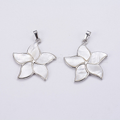 マザーオブパールシェルペンダント  プラチナ調の真鍮製のベール  花  41~41.5x38x2~3mm  穴：5x8mm&nbsp;SSHEL-L008-24B