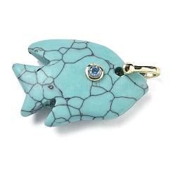 天然および合成宝石の彫刻ペンダント  キュービックジルコニアと真鍮の金具が付いた魚のチャーム  ゴールドカラー  ラックめっき  32~33.5x23.5~24.5x8~8.5mm  穴：5x6mm&nbsp;G-G460-01G