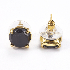 天然オブシディアンのスタッドピアス  ゴールデントーン真鍮パーツ  多面カットフラットラウンド  11mm  ピン：0.8mm&nbsp;EJEW-L196-05B