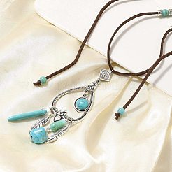 ボヘミアンスタイルの合金フェザーと合成ターコイズのハートロングペンダントネックレス（女性用）  女性用ベルベットコードネックレス  アンティークシルバー  44.88インチ（114cm）&nbsp;NJEW-G158-01A