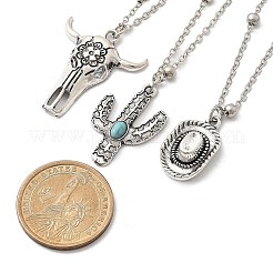 3Pcs 3 Styles Retro Alloy Synthetic Turquoise Cow Head/Cactus/Oval Pendant Satellite Chain Necklace Sets for Women&nbsp;NJEW-B120-01C