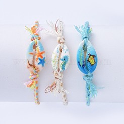 プリントされたタカラガイの貝殻ビーズを使った編み込みビーズブレスレット  女性用、編み込みコットンコード製調節可能ブレスレット  ミックスカラー  内径：3/4インチ〜3インチ（2.1~7.8cm）  3個/セット&nbsp;SH-CJA99F