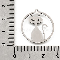 ステンレスペンダント201個  レーザー切断  猫のチャームが付いたリング  ステンレス鋼色  25.5x24x1mm  穴：1.5mm&nbsp;STAS-S176-03P-1