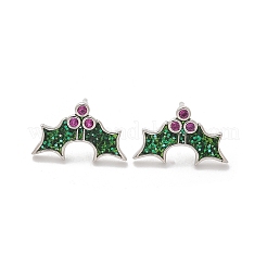 真鍮製マイクロパヴェキュービックジルコニアスタッドピアス  エナメルとパレット付き  ラックめっき  長持ちメッキ  鉛フリー＆カドミウムフリー  ヒイラギの葉  プラチナ  10x16mm&nbsp;EJEW-Q015-08P