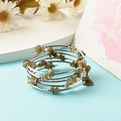 女性用5ループナチュラルラブラドライトチップビーズラップブレスレット  スチール形状記憶ワイヤーブレスレット  プラチナ  内径：2-1/8インチ（5.45cm）&nbsp;BJEW-JB01517-07