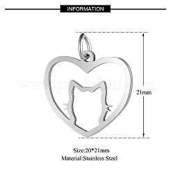 ステンレスペンダント201個  丸カン付き  レーザー切断  猫とハート  ステンレス鋼色  17.5x19.5x1mm  穴：2.5mm&nbsp;STAS-CJC0004-07P