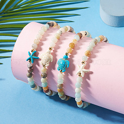 Ocean Dyed Synthetic Turquoise Starfish and Natural Flower Amazonite Round Beaded Anklets for Women&nbsp;AJEW-TA00061