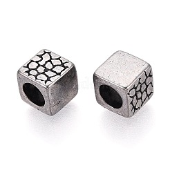 304ステンレス鋼のテクスチャヨーロッパスタイルの大きな穴ビーズ  キューブ  アンティークシルバー  8x8x8mm  穴：5mm&nbsp;STAS-T072-110AS