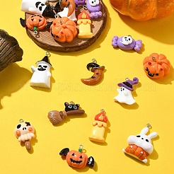 ハロウィーンテーマの不透明樹脂ペンダント20個、10スタイル  プラチナトーンの鉄ループ付き  混合図形  ミックスカラー  17~36.5x18~35x5~27mm  穴：1.5~2mm  2個/スタイル&nbsp;RESI-YW0001-86