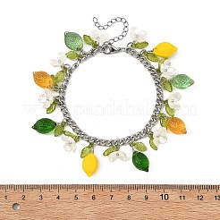 ガラスとアクリル製のチャームブレスレット  女性用304ステンレススチール製カーブブレスレット  レモンと葉と花  カラフル  7.20インチ（18.3cm）&nbsp;BJEW-JB13974