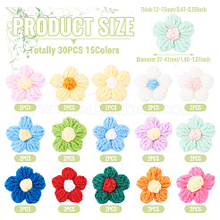30個 15色 手作りコットン編み装飾アクセサリー  DIYミシンクラフト用  花  ミックスカラー  37~41x12~15mm  2個/カラー&nbsp;DIY-TA0012-97