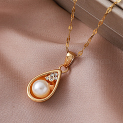 Vintage 304 Stainless Steel & Imitation Pearl Teardrop Pendant Necklaces for Women&nbsp;BR9499