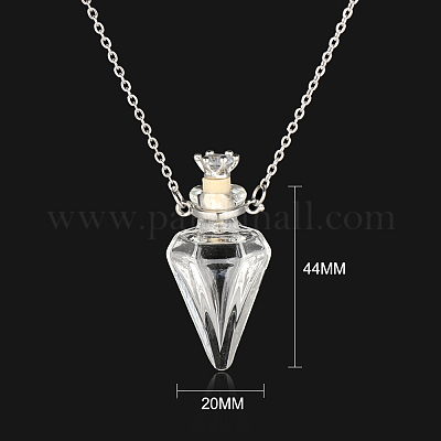 Lampwork Diamond Cone Perfume Bottle Pendant Necklace with Titanium Steel  Chain, Essential Oil Vial Necklace for Women, Stainless Steel Color, Clear, 