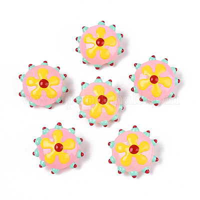 手作りランプワークビーズ  花付き凸凹したフラットラウンド  ピンク  18.5~20x10~11mm  穴：1mm&nbsp;LAMP-T023-25F-1