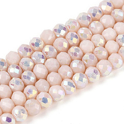 AB Color Plated Opaque Glass Rondelle Beads Strands, Faceted, PeachPuff, 4.5x3.5mm, Hole: 0.7~1mm, about 108~116pcs/strand, 14.76~16.73''(37.5~42.5cm)