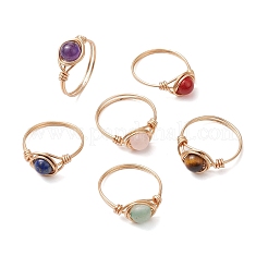 Round Natural Amethyst/Green Aventurine/Carnelian/Rose Quartz/Tiger Eye/Lapis Lazuli Braided Finger Ring&nbsp;RJEW-JR00743-02