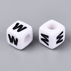 不透明なアクリルビーズ  番号の立方体  エナメル  ブラック  文字W  7.5~8x7.5~8x8~8.5mm  穴：3.6~4mm  約1200個/500g&nbsp;SACR-N020-04A-W