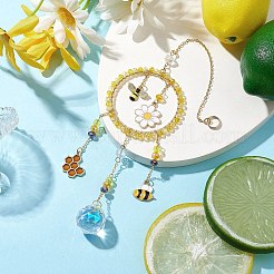 合金エナメル蜂の花とガラスビーズリングペンダント装飾  庭や家の装飾用の丸いタッセルチャーム  ゴールドカラー  270mm  穴：8mm&nbsp;HJEW-TA00240