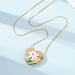 304ステンレススチール製エナメルハートとフラワーペンダントネックレス（女性用）  ゴールドカラー  ホワイト  16.02インチ（40.7cm）&nbsp;NJEW-D347-01G-02