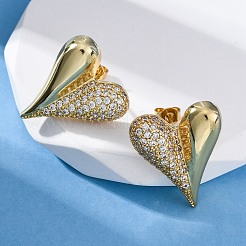 Heart Brass Micro Pave Clear Cubic Zirconia Stud Earrings&nbsp;EJEW-R025-10G