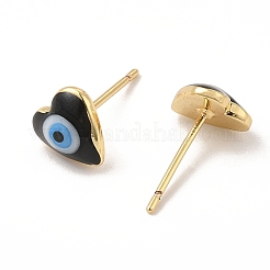 エナメル ハート イービル アイ スタッド ピアス  女性のための18KGP本金メッキ真鍮ジュエリー  ブラック  8x8mm  ピン：0.7mm&nbsp;EJEW-E274-02G-09