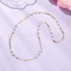 6.5MM Round White Shell Pearl Beaded & Brass Paperclip Chain Necklaces for Women&nbsp;NJEW-JN05567