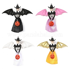 ハロウィンの魔女のペンダント  コウモリの羽のチャーム  合成ターコイズスカル付き  木製のカボチャとサテンのドレス  ミックスカラー  89.5x100x26mm  穴：3mm&nbsp;PALLOY-JF06032