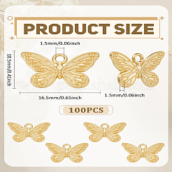 100個の合金ペンダント  蝶のチャーム  ゴールドカラー  10.5x16.5x1.5mm  穴：1.5mm  100個/セット&nbsp;TIBE-LP0001-26
