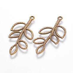 合金のチベット風チャーム  鉛フリー＆ニッケルフリー＆カドミウムフリー  葉  アンティークブロンズ  38x18x2mm  穴：2mm&nbsp;X-TIBEP-A12-3860-AB-FF
