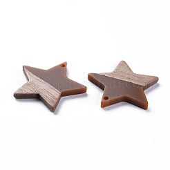 不透明な樹脂とクルミ材のペンダント  ツートン  スター  キャメル  26x28.5x3mm  穴：1.8mm&nbsp;RESI-T035-39B